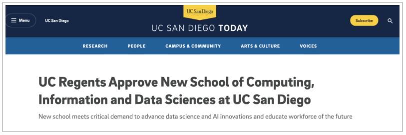 全美排名前30的加州大学圣地亚哥分校即将成立新计算机类学院，有望扩招8000学生！